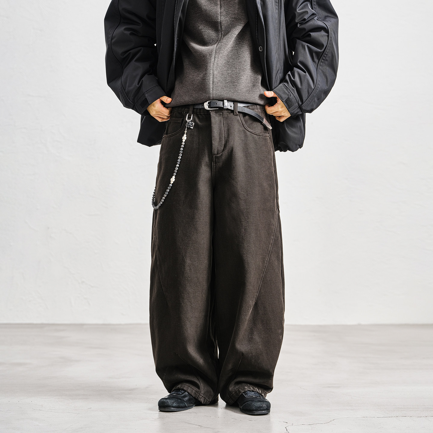 JUPSTUDIO纯棉百搭加绒哈伦裤男秋冬款缉明线宽松直筒休闲裤长裤