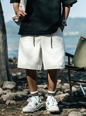 JUP美式复古水洗牛仔短裤男夏季薄款潮牌宽松休闲五分裤白色裤子