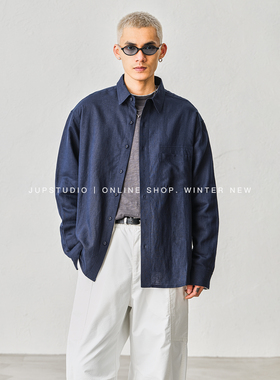 JUPSTUDIO日系老钱风长袖衬衫男士宽松纽扣翻领百搭衬衣蓝色上衣