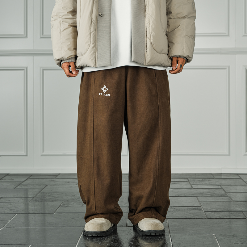 JUP日系咖色复古磨毛休闲裤男士宽松阔腿直筒小众设计感拖地长裤