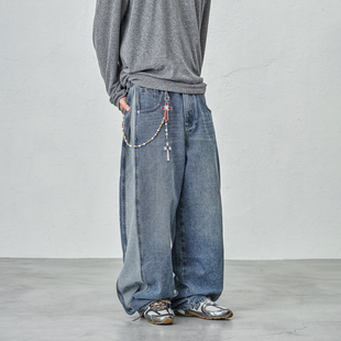 长裤 宽松直筒老爹裤 男春秋2025新款 JUPSTUDIO复古水洗拼接牛仔裤