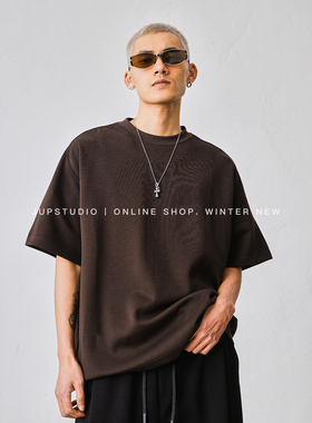 JUPSTUDIO老钱风圆领短袖T恤男极简宽松落肩袖重磅面料男士上衣