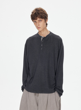 JUPSTUDIO套头亨利领长袖T恤男2025新款春秋透气休闲内搭打底上衣