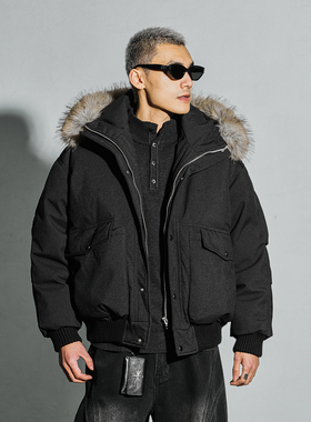 JUPSTUDIO工装风毛领派克服男短款连帽加厚保暖棉服黑色男士外套
