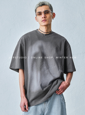 JUPSTUDIO日系极简灰色短袖T恤男宽松圆领落肩袖港风穿搭破坏做旧