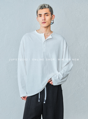 JUPSTUDIO简约休闲风亨利领长袖男士T恤宽松纯色百搭松弛感上衣