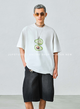 JUPSTUDIO高级感牛油果印花圆领短袖T恤男夏季宽松落肩纯棉上衣