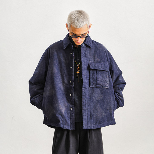 JUPSTUDIO亚麻混纺蓝色翻领羽绒服男冬季新款保暖鹅绒防寒服外套