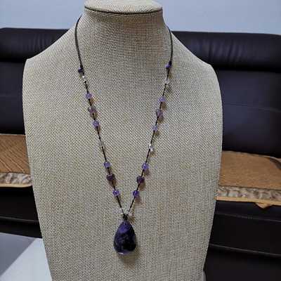 天然手编项链搭配老坑乌拉圭深色紫水晶水滴形吊坠饰品送女友礼物
