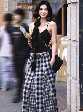 AZure法式复古格纹拼接半身裙高腰显瘦气质百搭长裙子黑色吊带女