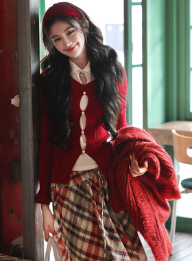 AZure温柔风假两件针织衫女法式复古长袖百搭显瘦毛衣开衫外套秋