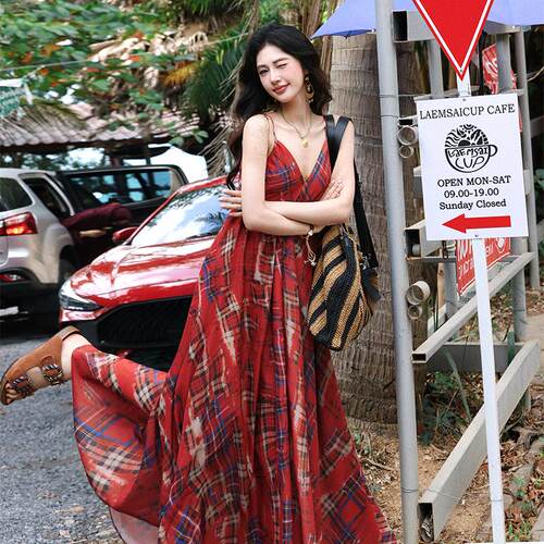 长裙法式复古小众不规则下摆格纹