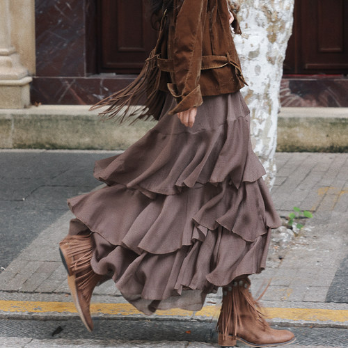 温柔风大荷叶边高腰显瘦半身裙