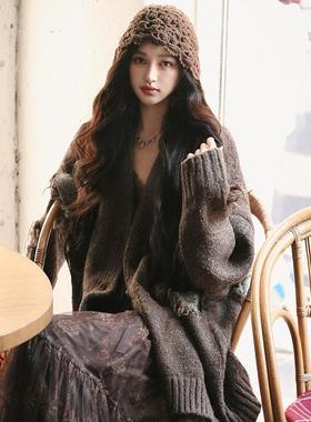 AZure复古慵懒风加厚大毛衣V领单排扣中长款开衫流浪风宽松大衣女