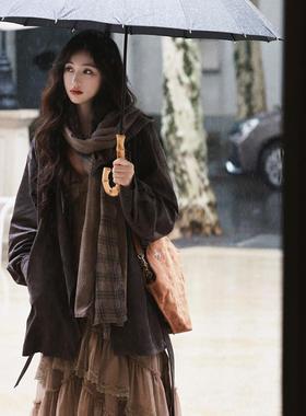 AZure仿牛皮绒风衣立领夹克衫复古简约中长款做旧洋气麂皮绒外套