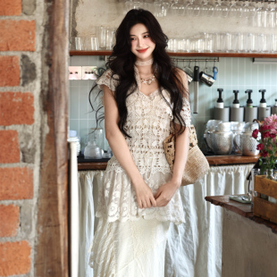 夏 百搭通勤短袖 AZure轻法式 纯手工钩花针织上衣V领系带镂空针织衫