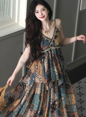 AZure法式复古度假风吊带印花民族风高腰半身裙舒适度假风长裙夏