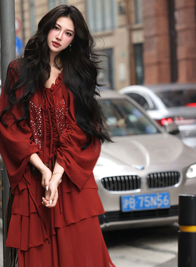 AZure法式复古红色雪纺衫蛋糕半身裙套装新疆川西旅游气质两件套