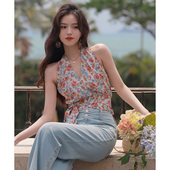 AZure夏季 V领背心无袖 挂脖印花吊带绑带显瘦上衣清凉仙欲内搭打底