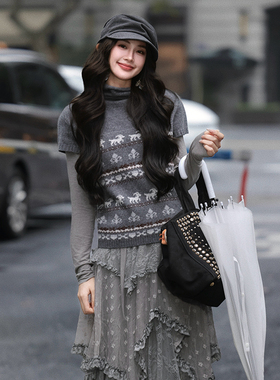 AZure高领短袖小鹿毛衣100%羊毛针织上衣冬季节日氛围感针织衫女