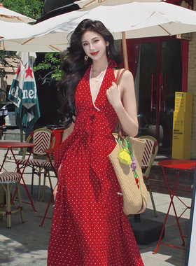 AZure温柔风复古波点挂脖连衣裙法式红色露背V领收腰显瘦气质长裙