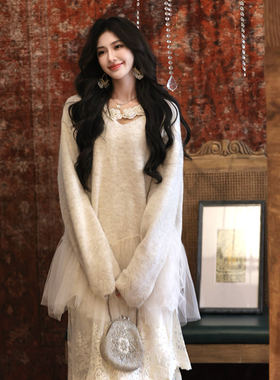 AZure纯手工钩花装饰领毛衣纱裙拼接上衣松紧腰针织伞裙温柔套装