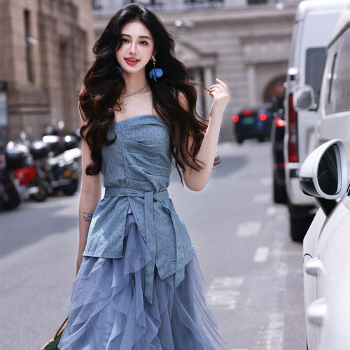 AZure法式复古波点抹胸上衣纱裙