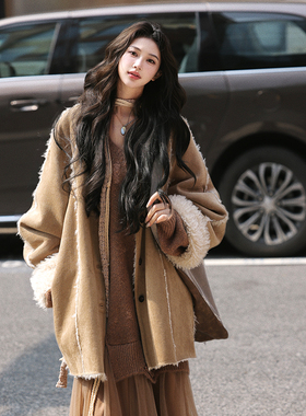 AZure温柔风仿皮毛一体外套宽松显瘦无领大衣百搭通勤毛茸茸风衣