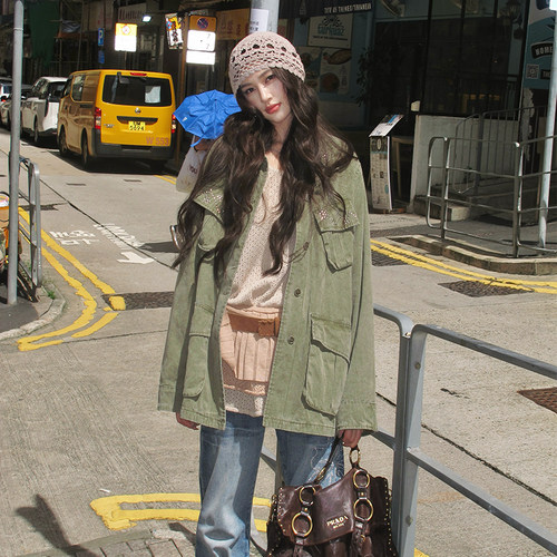 AZure烫钻复古牛仔中长款外套秋