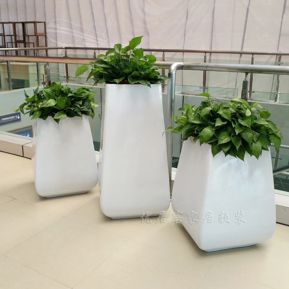 简约现代方形收口玻璃钢落地大花瓶插花酒店商场售楼部装饰花盆