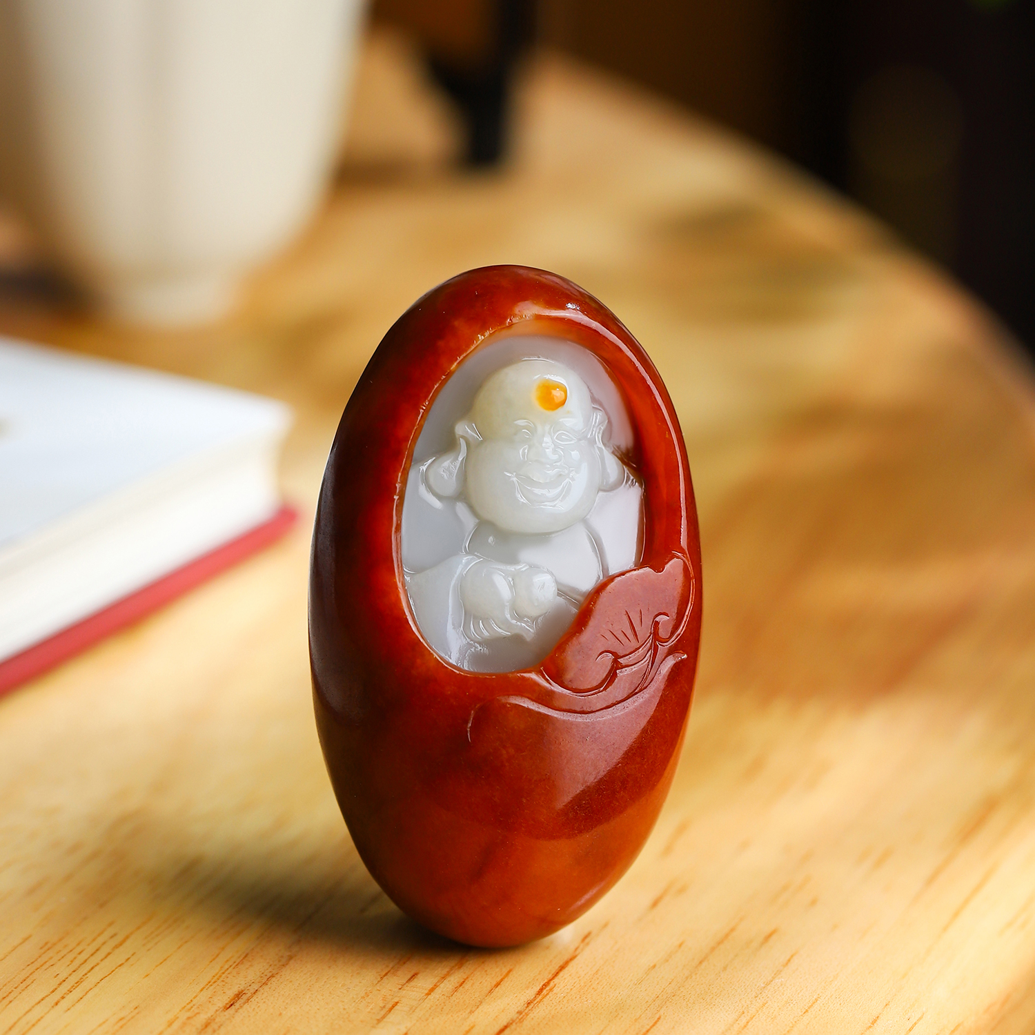 新疆和田玉且末蓝粉青玉佛公吊坠弥勒佛玉坠大肚笑佛玉石挂件德缘