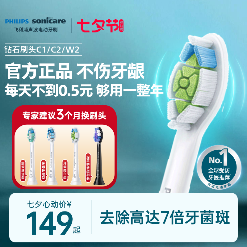 飞利浦电动牙刷头官方原装适配钻石3/7/9系列刷柄清洁亮白C2W2G2