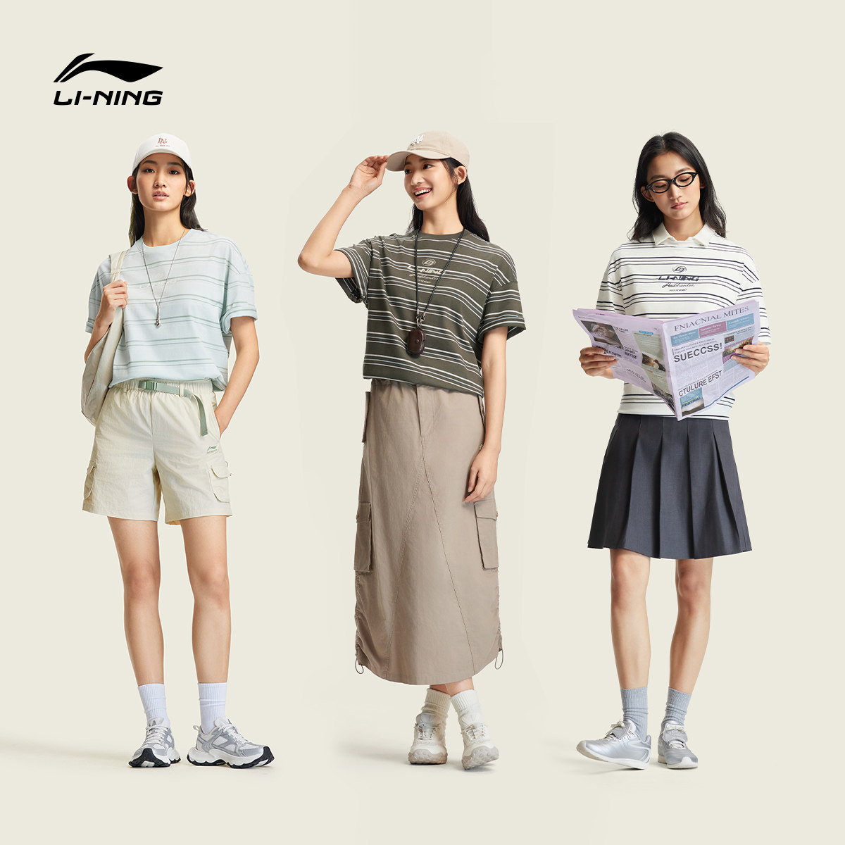【李佳琦直播间618时尚节】李宁短袖女夏季2026圆领条纹/v领短袖