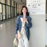 【新款】孔雀蓝假两件拼接西装外套2D079-8905P165控248，女装西装，浙宝129