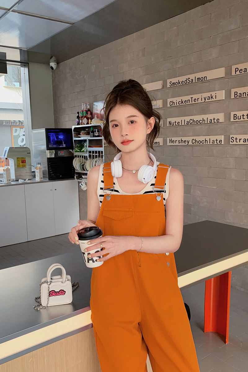 桔色九分背带裤女2024夏季新款小个子薄款宽松直筒减龄连体裤,女装休闲裤,浙宝129