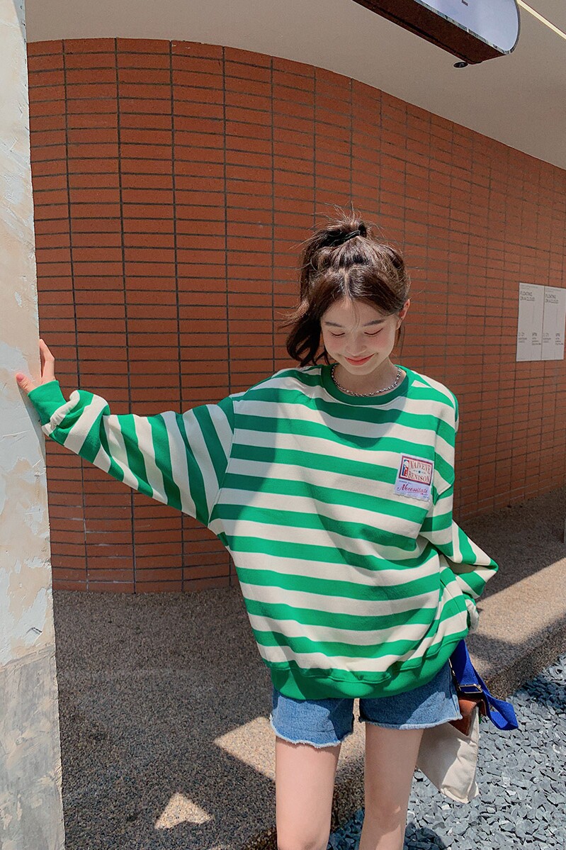 韩版减龄卫衣女2025早春新款小清新贴布绿色条纹套头宽松显瘦上衣,女装卫衣/绒衫,浙宝129