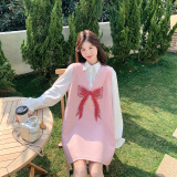 粉色甜美假两件拼接连衣裙女小个子2025秋季新款法式小香风衬衫裙，女装连衣裙，浙宝129