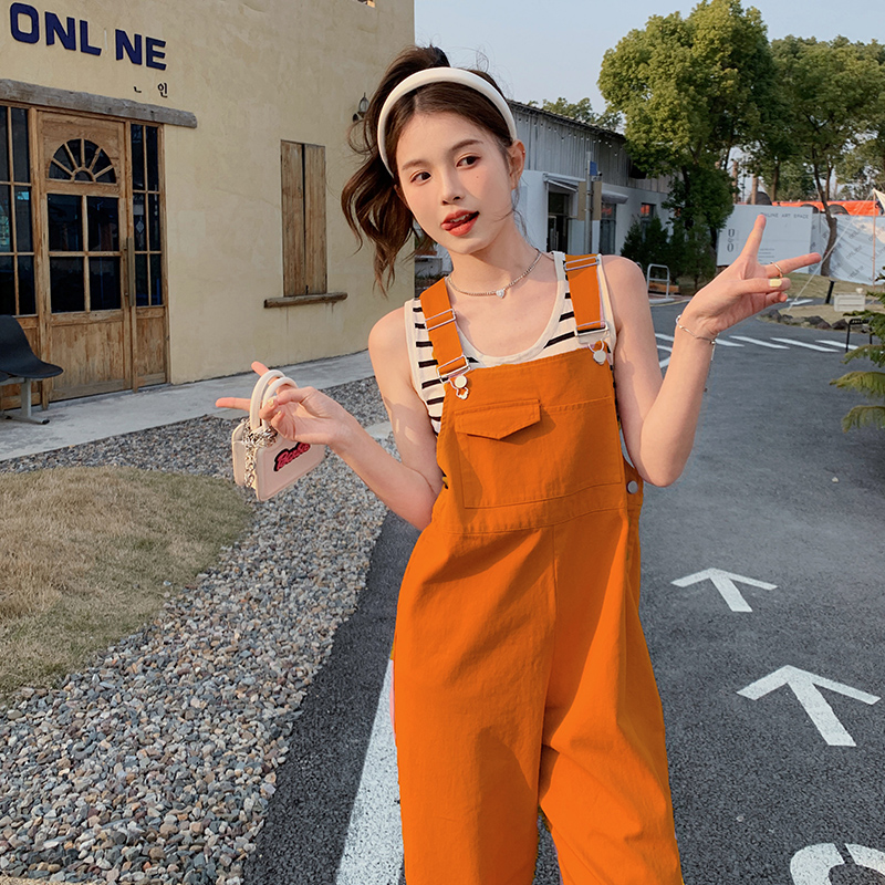 桔色九分背带裤女2024夏季新款小个子薄款宽松直筒减龄连体裤，女装休闲裤，浙宝129