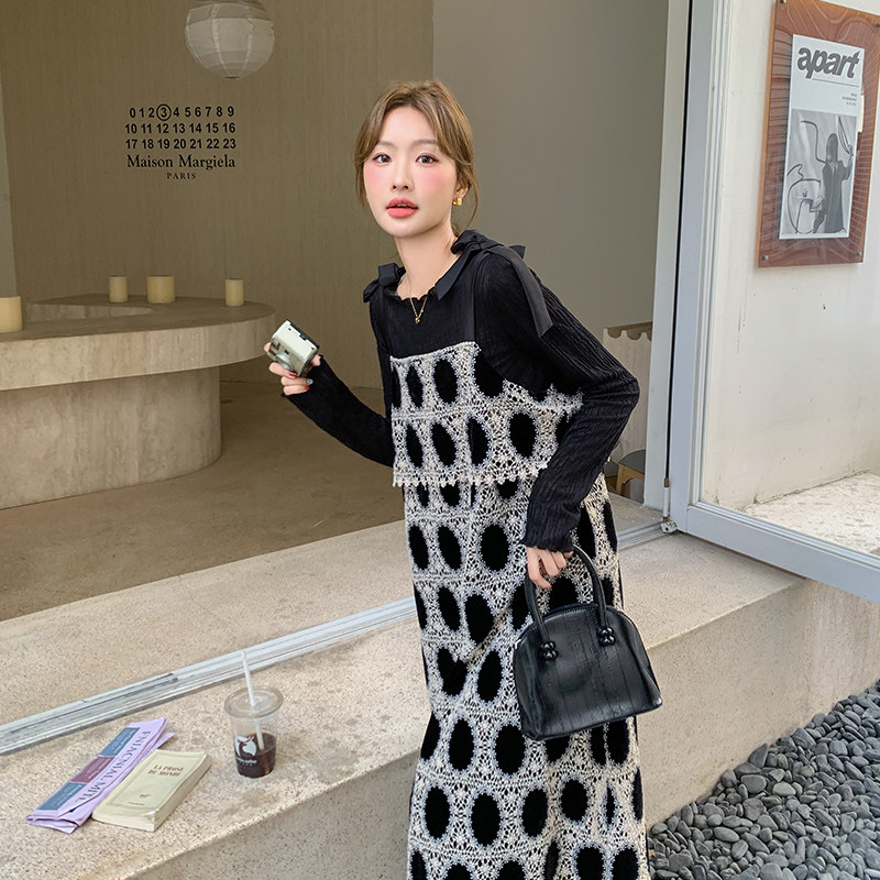 【新款】黑色打底+丝绒刺绣背带裙两件套2D079-8913P185控258,女装套装/套裙,浙宝129