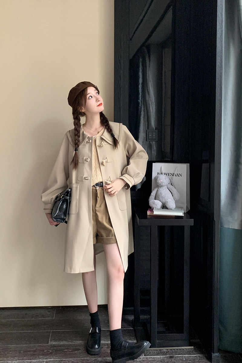 卡其色娃娃领风衣外套女中长款春秋季2025新款气质韩版牛角扣大衣,女装风衣,浙宝129