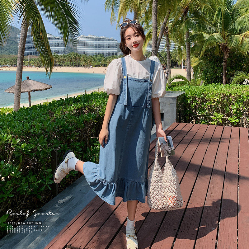 甜美学院风少女感荷叶边休闲牛仔背带裙夏季新款大码宽松胖mm显瘦,女装连衣裙,浙宝129