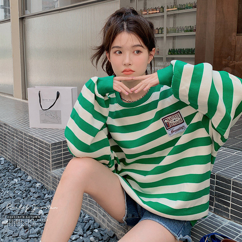 韩版减龄卫衣女2025早春新款小清新贴布绿色条纹套头宽松显瘦上衣,女装卫衣/绒衫,浙宝129