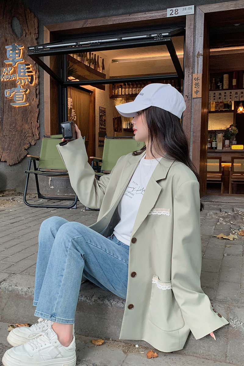 蕾丝花边拼接绿色小西装外套女春秋2025新款韩版气质休闲西服上衣,女装西装,浙宝129