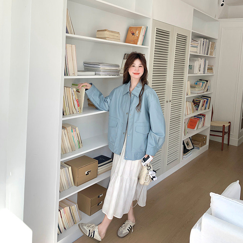 蓝色休闲显瘦PU皮衣外套女2025春秋季新款韩版流行夹克机车服上衣,女装皮衣,浙宝129
