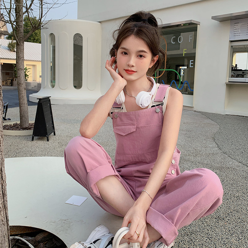 桔色九分背带裤女2024夏季新款小个子薄款宽松直筒减龄连体裤,女装休闲裤,浙宝129