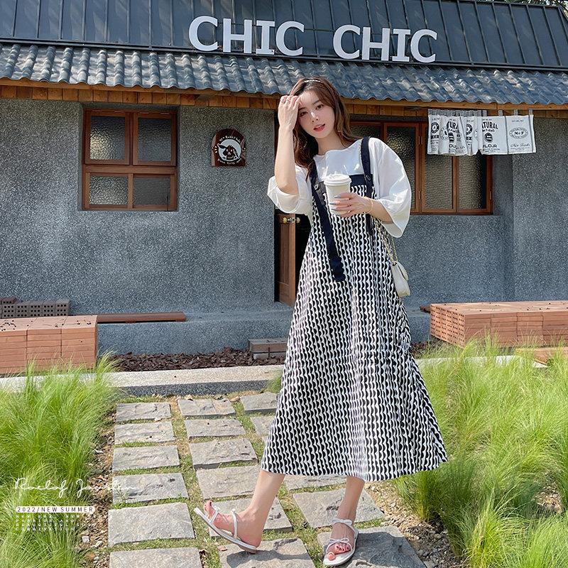 【主推现货】夏新款黑白波浪撞色拼接背带裙2D079-2387P105控158,女装连衣裙,浙宝129