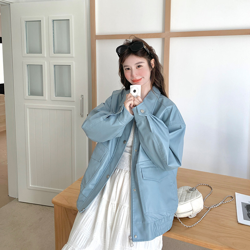 蓝色短款皮衣外套女春季2025年新款韩系高级感翻领pu皮夹克机车服,女装皮衣,浙宝129