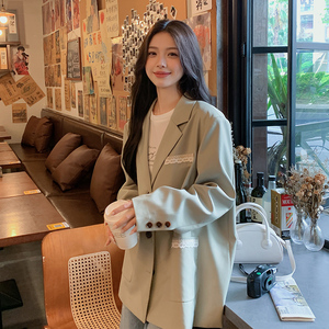 蕾丝花边拼接绿色小西装外套女春秋2025新款韩版气质休闲西服上衣图片