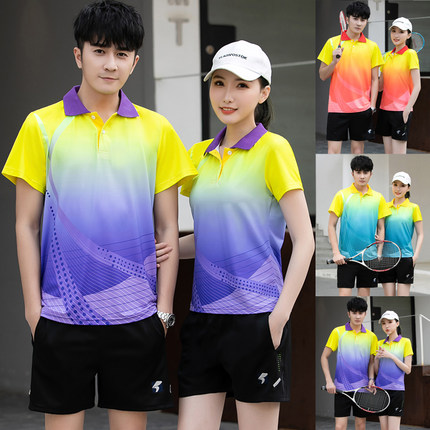 新款速干男女羽毛球服套装翻领短袖t恤运动排网乒乓球训练衣定制