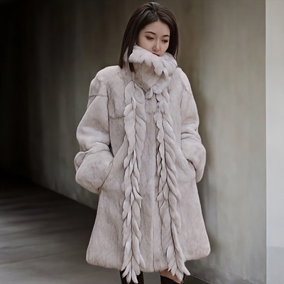 名媛风兔毛长款挽袖流苏皮草外套